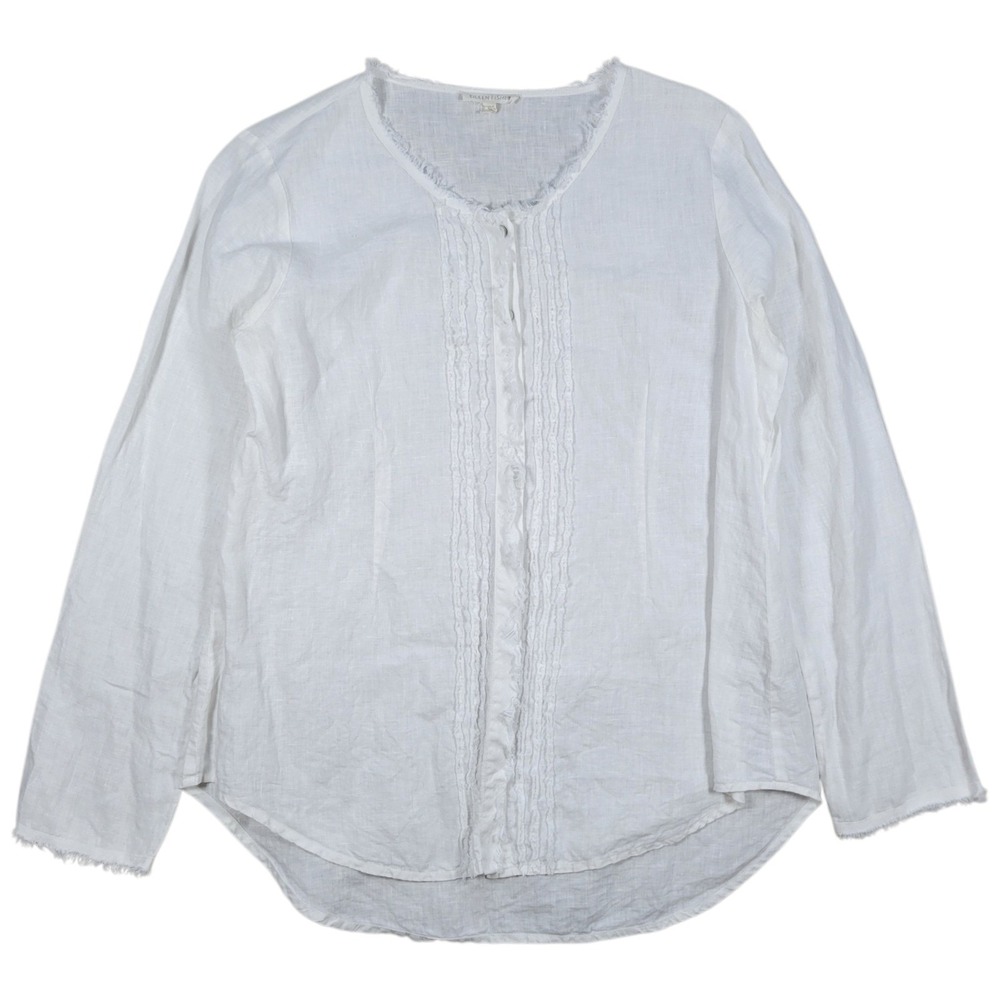 Eileen Fisher Button Top Womens S White 100% Irish Linen Pintuck Frayed Coastal